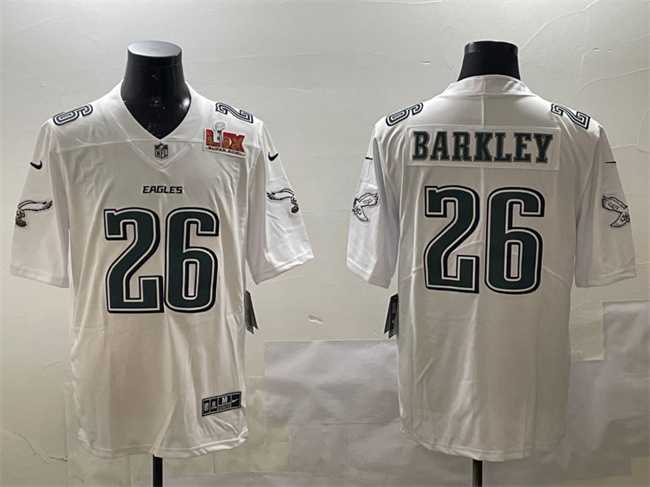 Mens Philadelphia Eagles #26 Saquon Barkley White 2025 Super Bowl LIX Patch Fashion Vapor Untouchable Limited Stitched Jersey